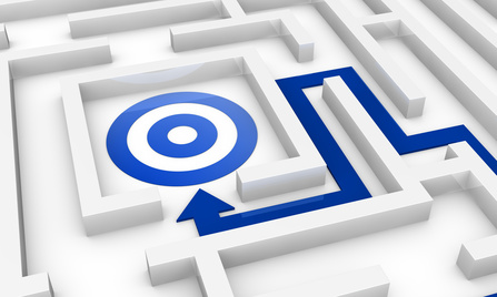 one maze with an arrow pointing to the centre where there is a target (3d render)